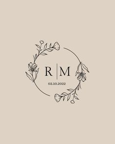 the r m logo with flowers and leaves around it on a beige background in black and white