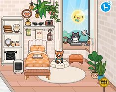 a dog is sitting in the middle of a room with plants and other things on the wall