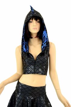 2PC Black Dragon Zipper Front Sleeveless Crop Hoodie / Blue Lowrise Shorts, Dragon Hoodie, Festival Outfits Rave, Outfits Rave, Dragon Scale, Hoodie Set, Crop Hoodie, Black Dragon, Aqua Marine