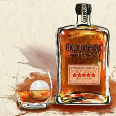 a painting of a bottle of bourbon whiskey next to a glass with an ice ball