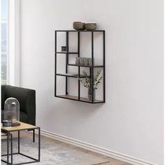 a living room with a couch, coffee table and shelves on the wall