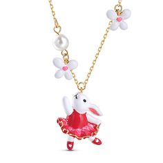 How cute is this pink bunny rabbit necklace accented with cultured pearls and white enamel flowers? Spring is in the air every day with this beautiful necklace, perfect for Easter gifting and hand enamelled, set on an gold plated sterling silver necklace. The ideal accessory to kick off your Spring, Summer look.Carat Weight: 1.5 ctStone Shape: RoundStone Size: 6 mmNumber of Stones: 1 Stone Color: Diamond WhiteWeight: 4.9 gWidth: 16 mmHeight: 23 mmThickness: 7.7 mmLength: 450+50 mm Whimsical White Pendant Necklace, Bunny Farm, Rabbit Necklace, Spring Is In The Air, Pink Bunny, Classic Necklace, Flowers Spring, Enamel Flower, Necklace Online