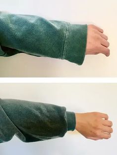 two images of the same person's arm and hand, both with green sweats