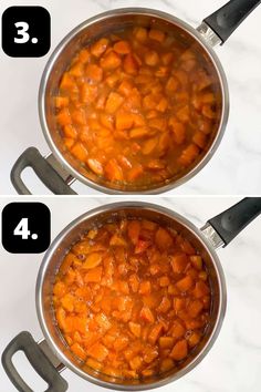 two pictures showing how to cook carrots in a pot