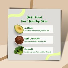 Several foods can help promote healthy skin. Here are some of the best options: 🥑Avocado: Avocado is high in healthy fats and vitamin E, both of which can help keep the skin moisturized and supple. 🍫Dark chocolate: Contains several nutrients that can be beneficial for the skin.  🥦Broccoli: Dark green vegetables like broccoli are a great source of vitamins and minerals that are essential for healthy skin. #HealthyEating #SkinHealthyFood #ClearSkin #GlowingSkin Food For Healthy Skin, A Good Skincare Routine, Good Skincare Routine, Dark Green Vegetables, Good Skincare, Foods For Healthy Skin, For Healthy Skin, Green Vegetables, Best Food