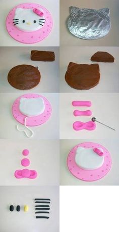 the instructions for making hello kitty cake are in pink and white, with chocolate icing