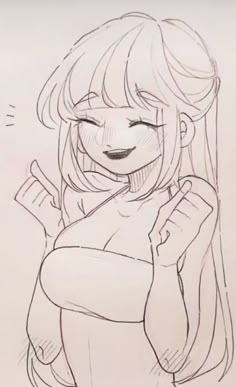 a drawing of a girl with long hair holding her hand up to her chest and smiling