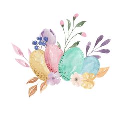 watercolor easter eggs with flowers and leaves on white background royalty illustration for greeting cards or wallpapers