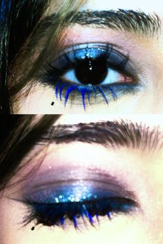 Kaleidoscope Makeup Eyes, Blue Mascara Makeup Ideas, Emo Makeup Inspiration, Dark Inner Corner Eyeshadow, Blue Eyeshadow Bleached Brows, Funky Halloween Makeup, David Bowie Blue Eyeshadow, Ptv Concert Makeup, Night Time Eye Makeup