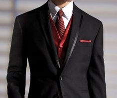 black and red groom suit | Wedding. Black And Red Prom Suits, Wedding Suits Men Black, Groom Suit Black, Suit For Men Wedding, Black And Red Suit, Black Red Wedding, Groom And Groomsmen Suits, Mens Wedding Attire, Groom Wedding Attire