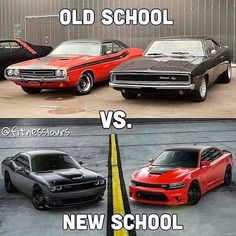 two cars side by side with the words old school versus new school