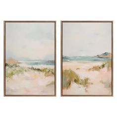 two paintings on the wall, one with an ocean view and one with sand dunes