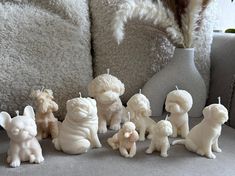 a group of small white dogs sitting on top of a couch