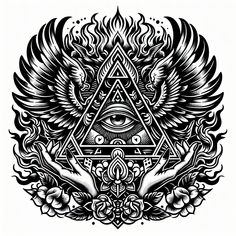 an all seeing eye surrounded by wings in the shape of a triangle with two hands