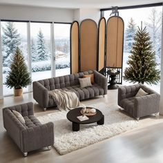 a living room filled with lots of furniture and christmas trees in front of large windows