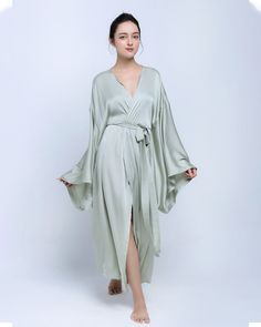 HANDMADE ITEAM - perfect French seam - The model is 5'7 tall and wearing size S. QUALITY KIMONOS: Our kimonos for women are made from Silk, comfortable and lightweight. Gentle cycle mode when you use machine wash with cold and in washing bag or hand-wash with cold water is the best, and hang flat to dry - Please do not squeeze or dry with dryer. THREE SIZE: Using only the best materials in the market, our charmeuse robe or long robe kimono for women have three size are small size, medium size and large size , fits most women as a dressing gown. DESIGN: Long style kimono robe for women, kimono sleeves, ankle length, tie waist and inside ties. PLEASE NOTE THAT ACTUAL COLORS MAY VARY DUE TO YOUR COMPUTER RESOLUTION AND MONITOR COLOR RETRICTIONS. VERSATILITY: The design perfect for daily wear Robe For Women, Silk Kimono Robe, Silk Robe, Bridesmaid Robes, Womens Robes, Mint Color, Silk Kimono, Long Style, Kimonos