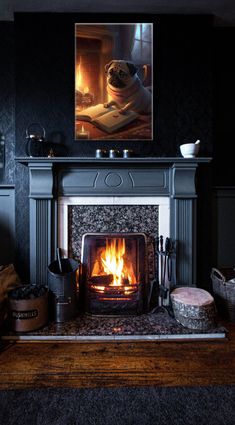 a fireplace with a dog sitting on top of it