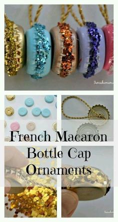 the french macaron bottle cap ornaments are made with gold and blue glitters