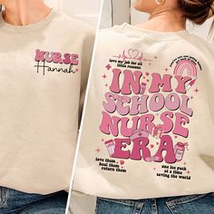 two pictures of women wearing sweatshirts that say nurse and nurse, one with pink lettering