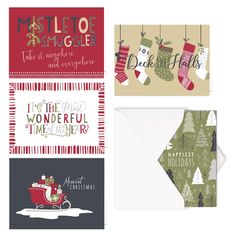 christmas greeting cards and envelopes with holiday sayings on the front, in three different designs