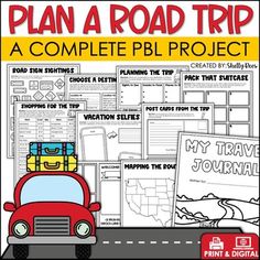 a road trip project with a red car and suitcases on the front, along with text that reads plan a road trip