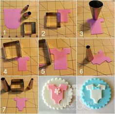 Fondant baby onesie (square cookie cutter and I round decorating tip use each end) Torturi Baby Shower, Kue Fondant, Fondant Tips, Baby Cupcake, Fondant Baby, Fondant Tutorial, Fondant Decorations, Tanah Liat