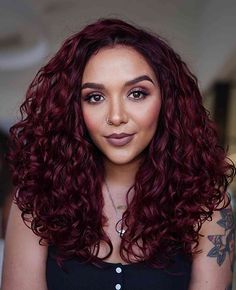 Curly Hair Color Ideas Burgundy, Merlot Curly Hair, Plum Burgundy Hair With Highlights, Curly Mahogany Hair, Red Curly Hair Styles, Maroon Hair Curly, Curly Dyed Hair Natural Curls Red, Dark Red Hair On Curly Hair, Curly Plum Hair