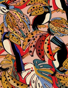 an abstract painting of birds and flowers on a pink background with black, white, red, blue, yellow and green colors