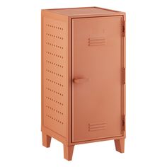 an orange metal locker with perforated doors on the front and legs, is shown against a white background