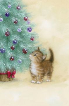 a painting of a kitten next to a christmas tree with ornaments on the top and bottom