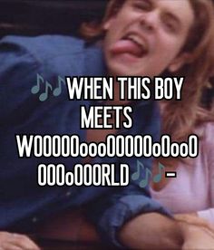 an image of a man and woman singing together with the words when this boy meets