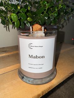 a potted plant sitting on top of a wooden table next to a sign that says mabon