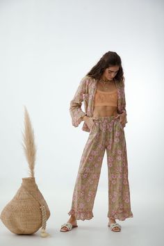 Introducing the Day Naps - Hannah Pajama Set, which can be worn both during the day and overnight. This set displays a hand block print in hues of beige and pink, featuring pink piping details as well as ruffles at the sleeve and hem. An elastic waistband ensures a snug, comfortable fit while the front closure is secured with buttons. Pockets. Machine wash ok. Cute Lounge Sets, Boho Style Inspiration, Beige And Pink, Boho Trends, Girl Trends, During The Day, Hand Block Print, Abaya Fashion, Comfy Fits