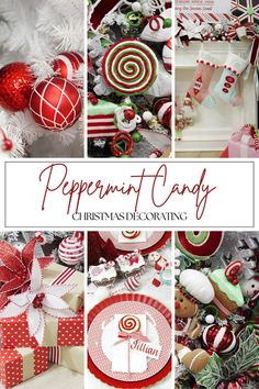 peppermint candy christmas decorating collage with red and white ornaments, presents, gifts