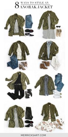 Merrick's Art // Style + Sewing for the Everyday Girl :  8 Ways to Style an Olive Jacket Olive Green Jacket Outfits, Green Jacket Outfit, Merricks Art, Olive Jacket, Olive Green Jacket, Clothes And Shoes, Army Jacket, Outfit Jeans, Mode Casual