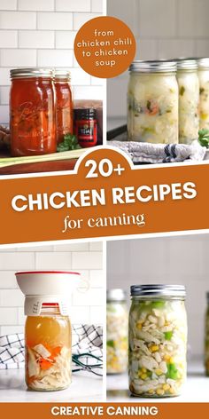 mason jars filled with canned food and text overlay that reads 20 chicken recipes for canning