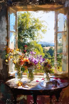 an oil painting of flowers on a table in front of a window with the sun shining through