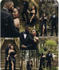 the couple is posing for pictures together in their formal attire and tuxedo outfits