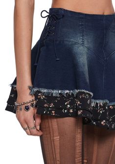 This mini skirt has a stretchy washed denim construction with a layered floral chiffon hem, raw edge detailing, side self-tie lace-up closures, grommet detailing, and a back zipper closure. Current Mood Clothing, Current Mood, Floral Chiffon, Chiffon Lace, Exclusive Collection, Free Spirit, Denim Wash, Online Boutique, Denim Skirt