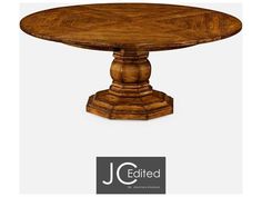 a round wooden table with pedestals on the top and bottom, is shown in front of a white background