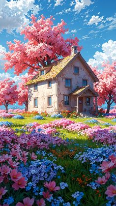 a painting of a house in the middle of a field with pink and blue flowers