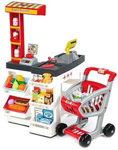 a toy shopping cart with food in it and a grocery cart on the other side