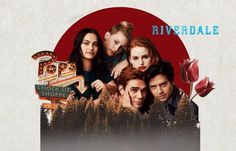 the cast of riverdale is posing in front of a red background with a sign that says riverdale