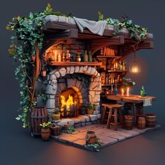 an animated fireplace with candles and plants growing on it