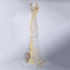 Very long flowing skinny gold wire dress sculpture thick woven gold textile accent running from top to bottom with metal flower accents Women Sculpture, Wire Dress, Mixed Jewelry, Wire Art Sculpture, Fiber Sculpture, Metal Sculptures, Art Decor Diy, Cast Glass, Sculptures For Sale