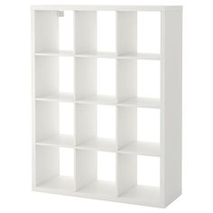 a white bookcase with six cubes on the front and two shelves below it