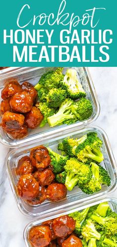 three plastic containers filled with meatballs and broccoli on top of a marble counter