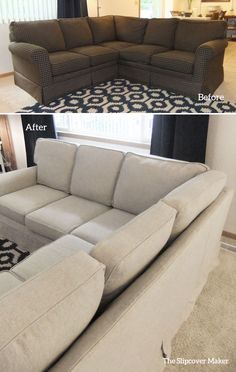 before and after photos of a living room couch