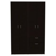 a black armoire with two drawers and one door on the left side, in front of a white background