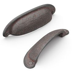 two metal handles are shown on a white background, one is black and the other is brown